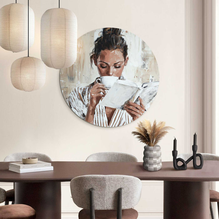 Reinders - Ochtendkoffie met een Boek I - Glasschilderij Ø 70 cm - Beige