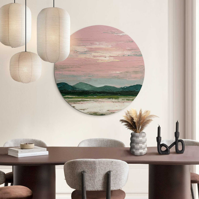 Reinders - Bergen in roze wolken II - Glasschilderij Ø 70 cm - Roze