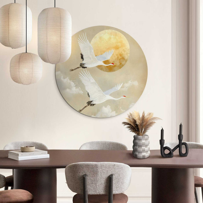 Reinders - Kraanvogels onder de maan - Glasschilderij Ø 70 cm - Beige
