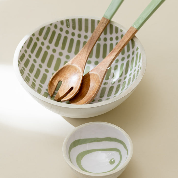 J-Line kom - hout - groen|wit - small - 2 stuks