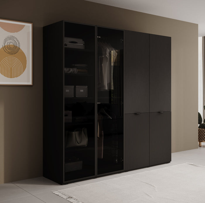 Meubella - Kledingkast Shelton - Zwart 3 - 202 cm - Met glas