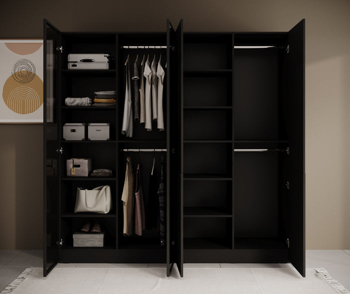 Meubella - Kledingkast Shelton - Zwart 3 - 202 cm - Met glas