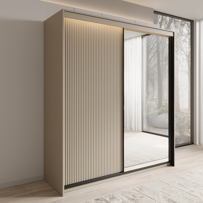 Meubella - Kledingkast Timoteo - Beige - 200 cm - Met spiegel