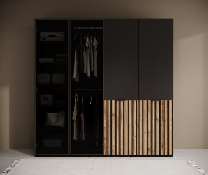 Meubella - Kledingkast Shelton - Zwart 2 - 202 cm - Met glas