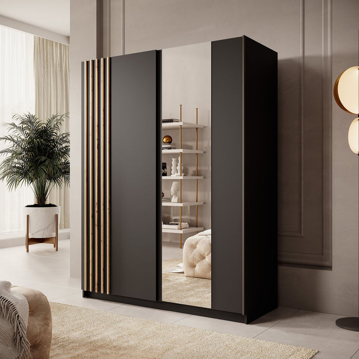 Meubella - Kledingkast Boets - Zwart - Eiken - 150 cm - Met spiegel