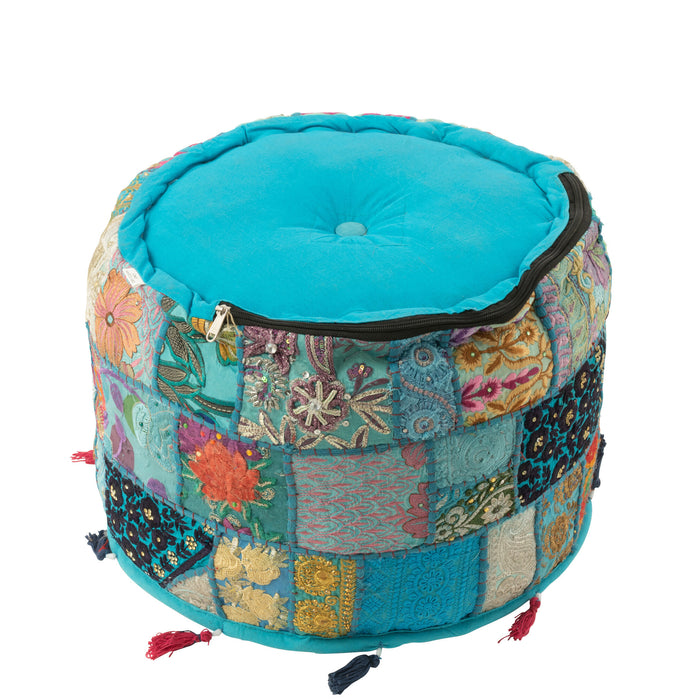 J-Line poef rond patronen + kwasten - katoen - blauw