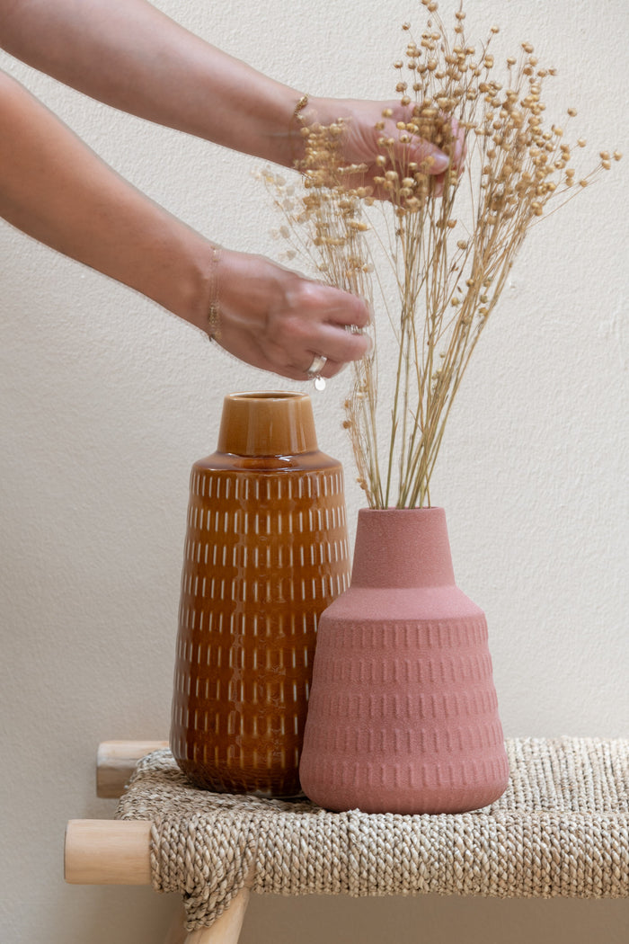 J-Line vaas Ria Gekerfd - porselein - mosterd - small - 31 c