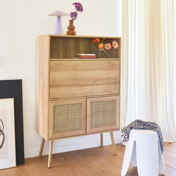 sweeek - 2-deurs schrijftafel met legplanken, hout- en rotan effect