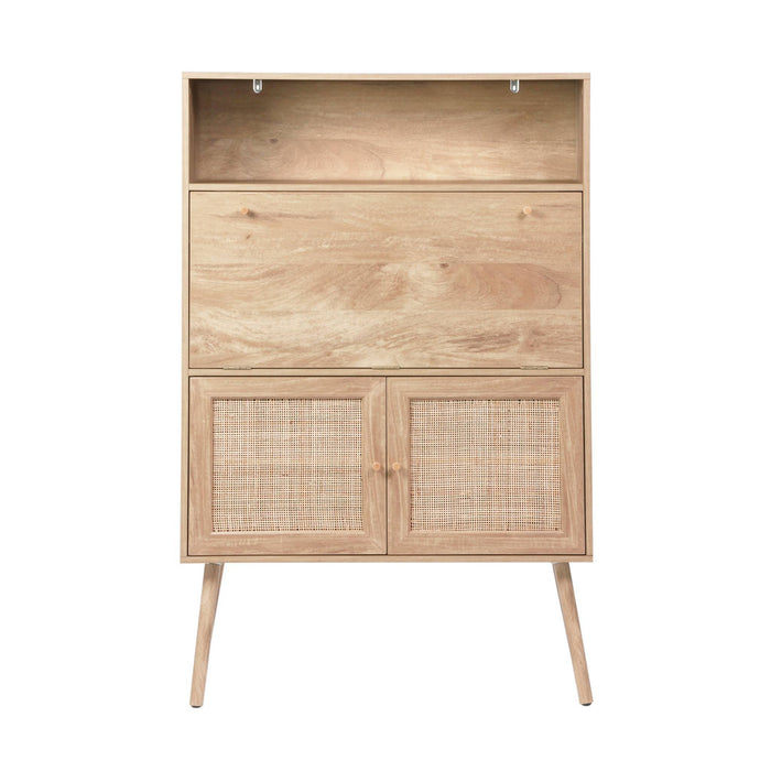 sweeek - 2-deurs schrijftafel met legplanken, hout- en rotan effect