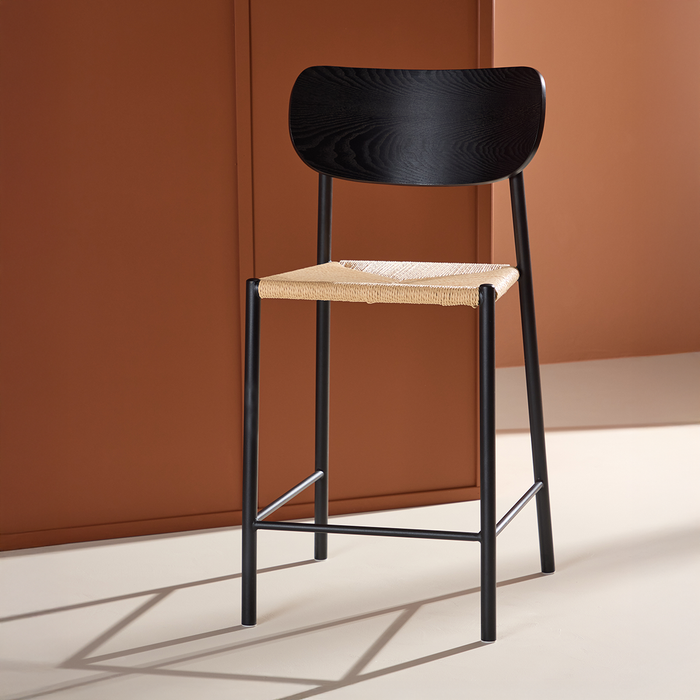 Nest living Rian Barkruk Met Rotan Zitting Zwart - 67 cm