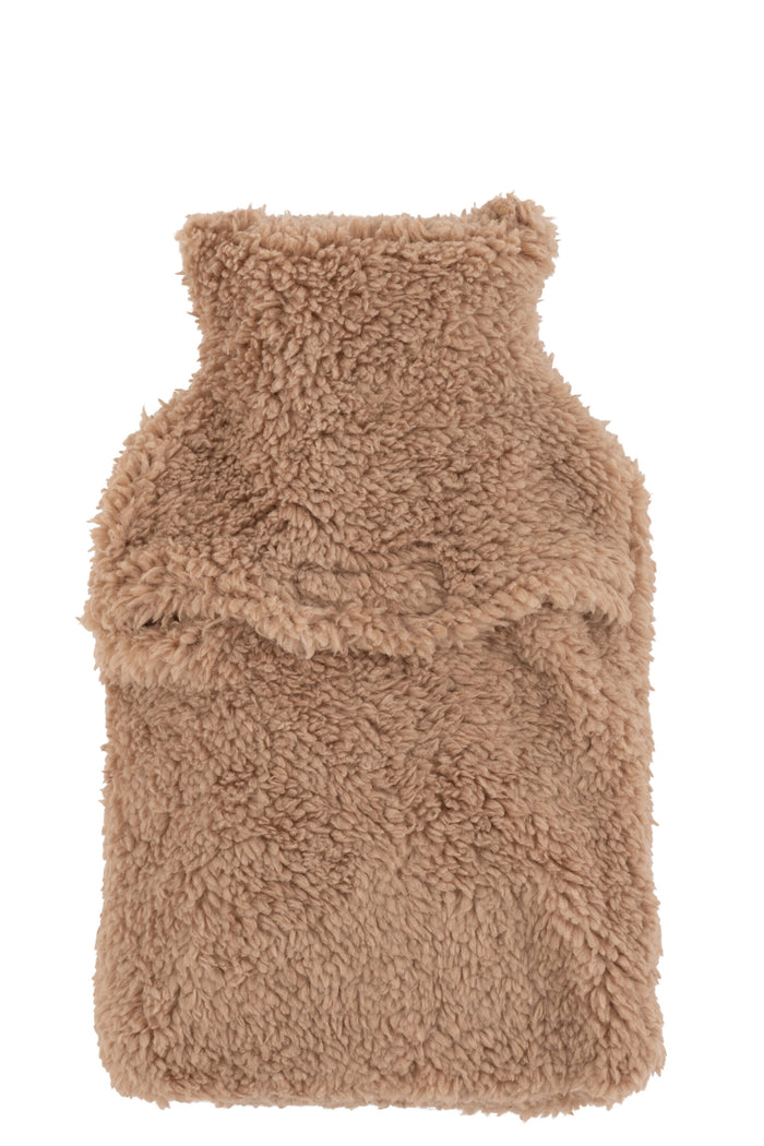 J-Line warmwaterkruik teddy + pompons - polyester - lichtbru