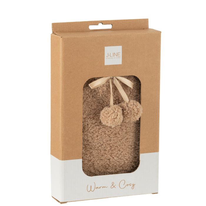 J-Line warmwaterkruik teddy + pompons - polyester - lichtbru