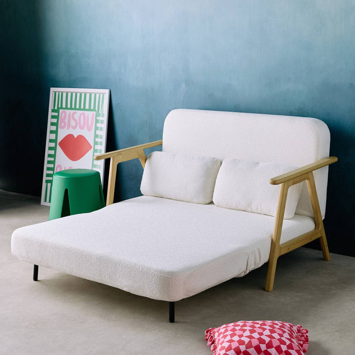 sweeek - Slaapbank 2-zits rubberhout naturelkleurig en bouclé-stof