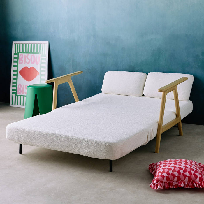 sweeek - Slaapbank 2-zits rubberhout naturelkleurig en bouclé-stof