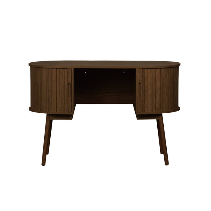 sweeek - Ovaal bureau met gegroefd houteffect en twee opbergruimtes, L