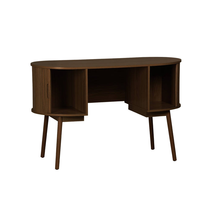 sweeek - Ovaal bureau met gegroefd houteffect en twee opbergruimtes, L