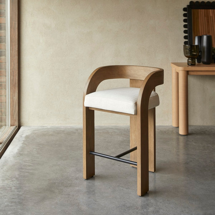 Tikamoon - Barstoel in massief mindihout en ecru stof met linnenlook …