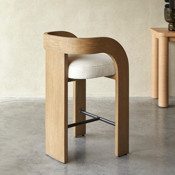 Tikamoon - Barstoel in massief mindihout en ecru stof met linnenlook …