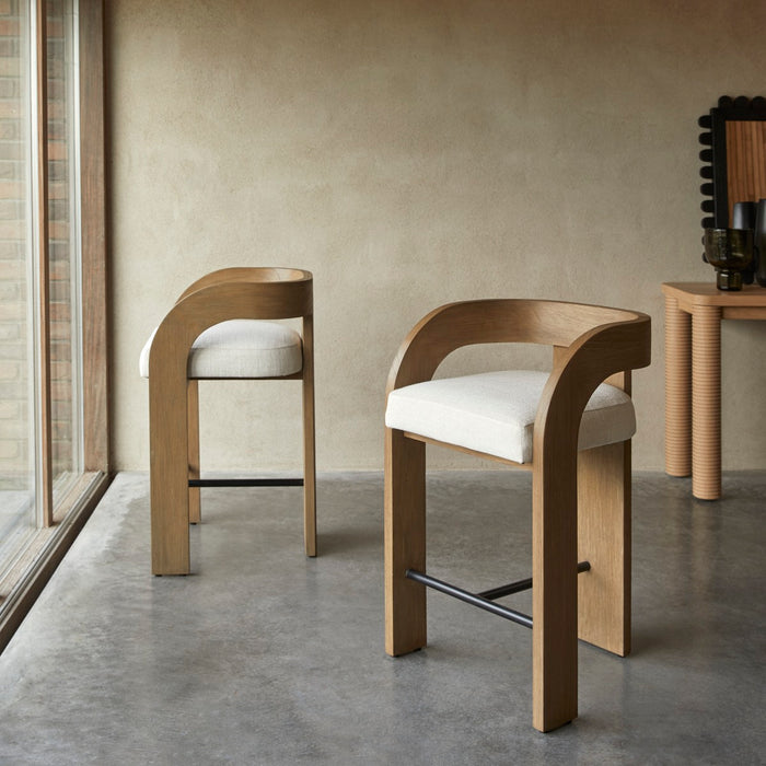 Tikamoon - Barstoel in massief mindihout en ecru stof met linnenlook …