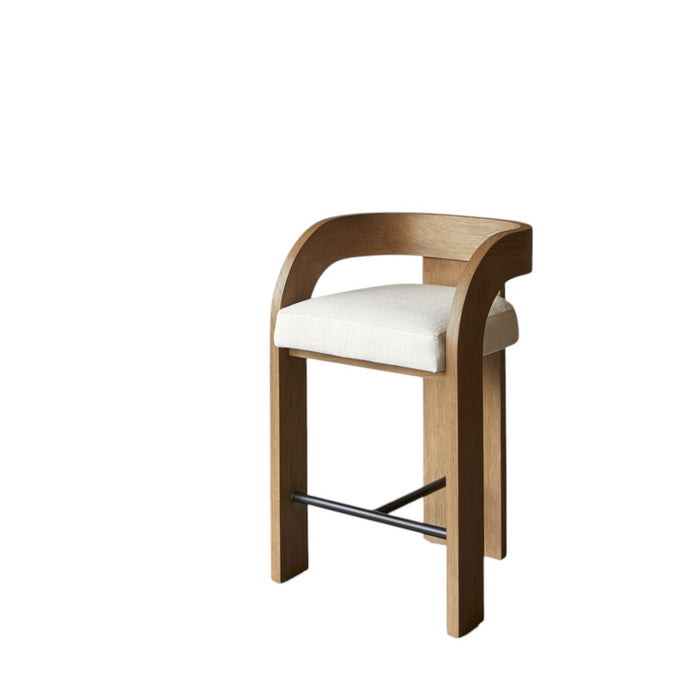 Tikamoon - Barstoel in massief mindihout en ecru stof met linnenlook …