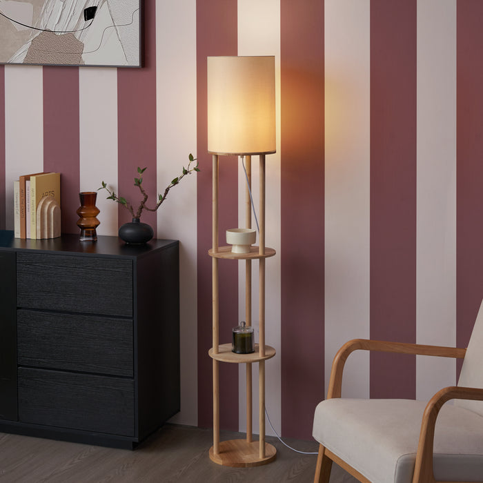 QAZQA Moderne vloerlamp hout met beige kap - Stojon