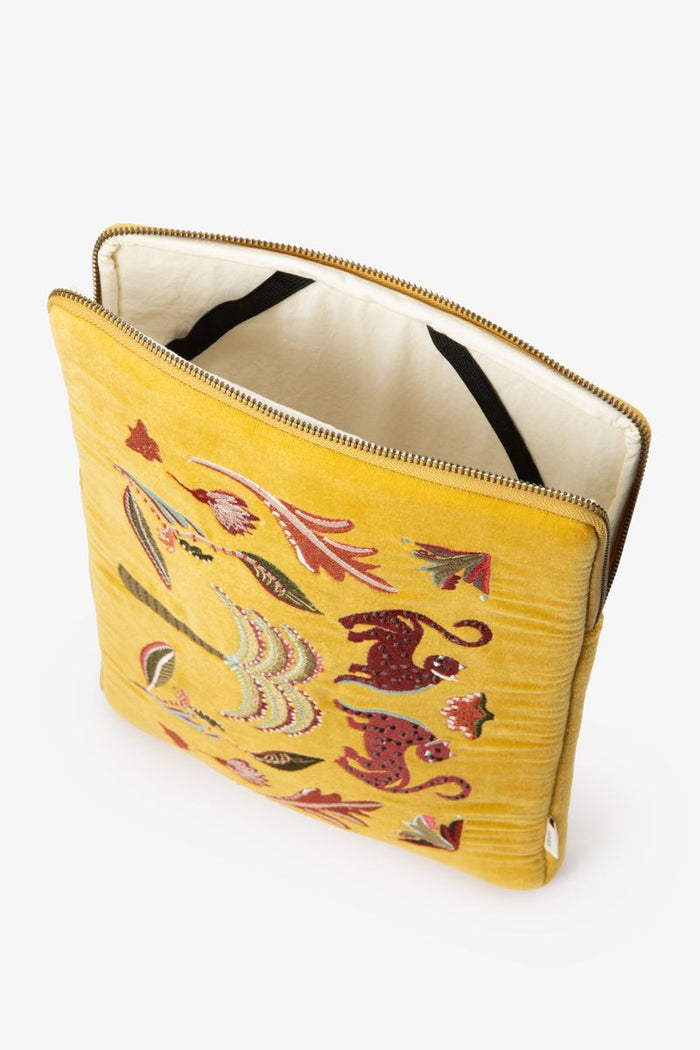 Sissy-Boy Donkergele velvet laptophoes met embroidery