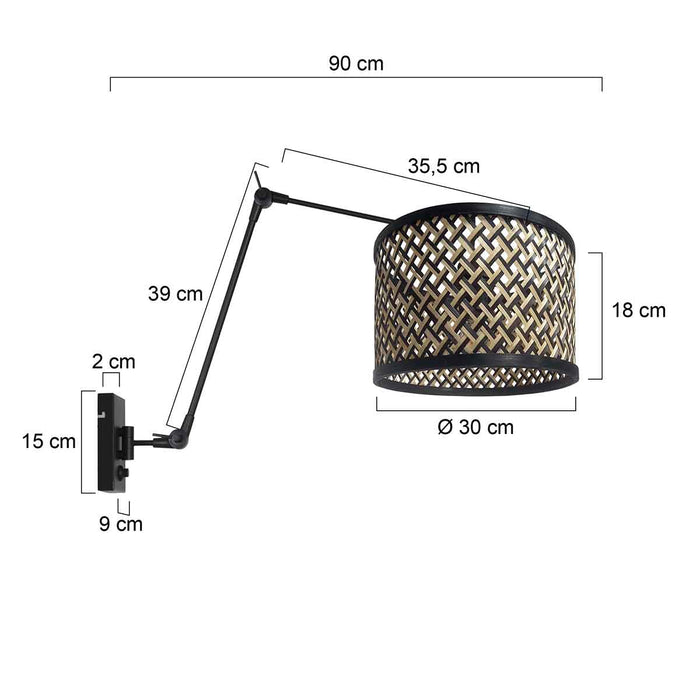 Steinhauer - Wandlamp Zwart|Naturel|Zwart Metaal|Bamboe 90x30x80cm