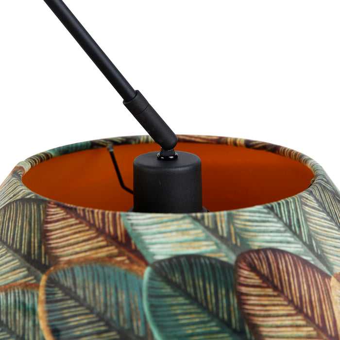QAZQA Hanglamp zwart met dubbele velours lampenkap blad dessin en