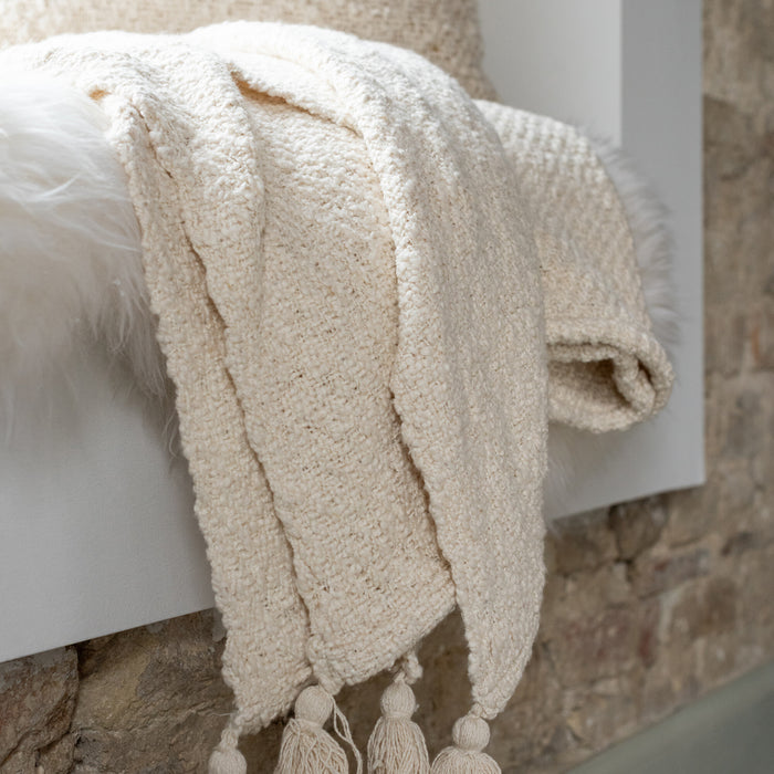 J-Line plaid Kwasten - katoen - creme - 180 x 130 cm