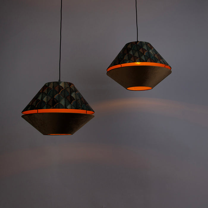 QAZQA Hanglamp zwart met dubbele velours lampenkap blad dessin en