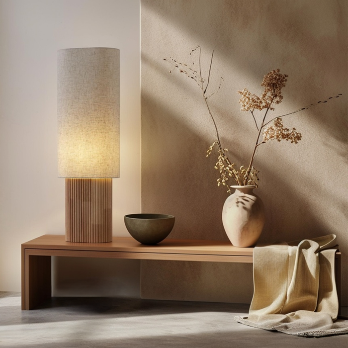 QAZQA Japandi vloerlamp hout met linnen kap 90cm - Lamel