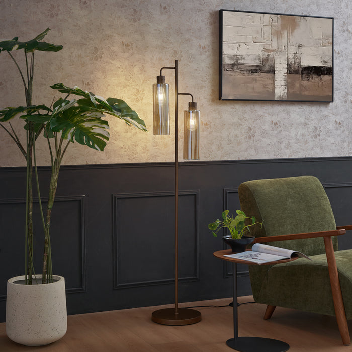 QAZQA Hotel Chique vloerlamp donker brons met amber glas 2-lichts -