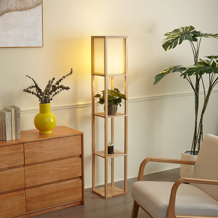QAZQA Moderne vloerlamp hout met beige kap - Stojan