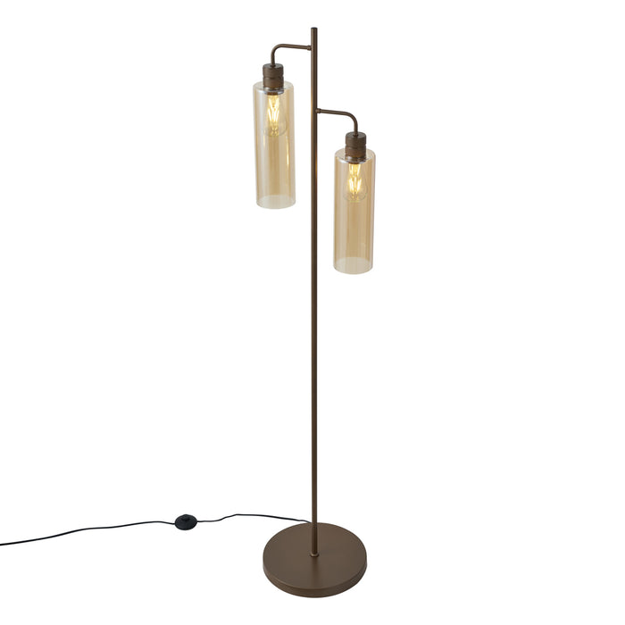 QAZQA Hotel Chique vloerlamp donker brons met amber glas 2-lichts -