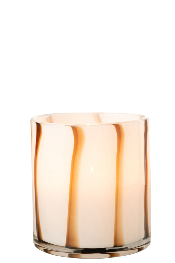 J-Line windlicht Strepen Safari - glas - wit|bruin - medium