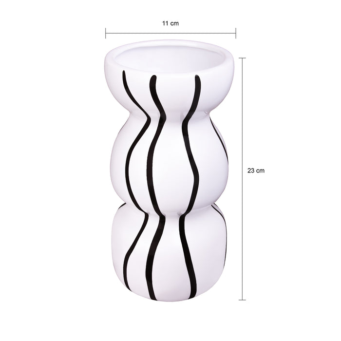 QUVIO Vaas zwarte strepen - Zandloper vorm - Keramiek - ø23x11cm - Wit