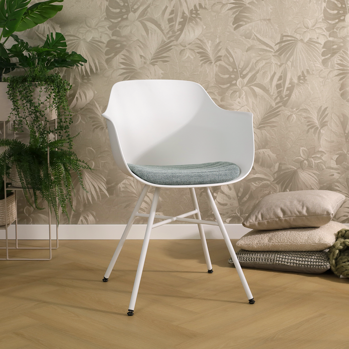Nolon Noa-Liz Eetkamerstoel Wit - Zacht Groen Kussen - Witte Poten