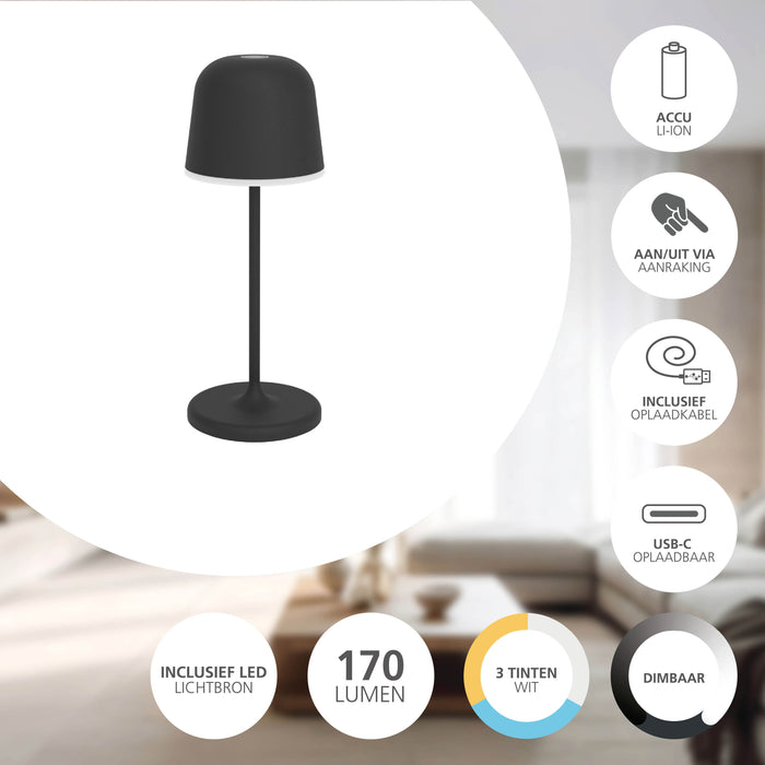 EGLO Mannera-S Tafellamp|Priklamp - USB-C - H 20 cm - Zwart