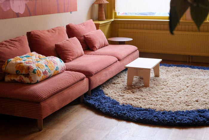 Rond hoogpolig vloerkleed Pilo beige|blauw polyester Interieur05