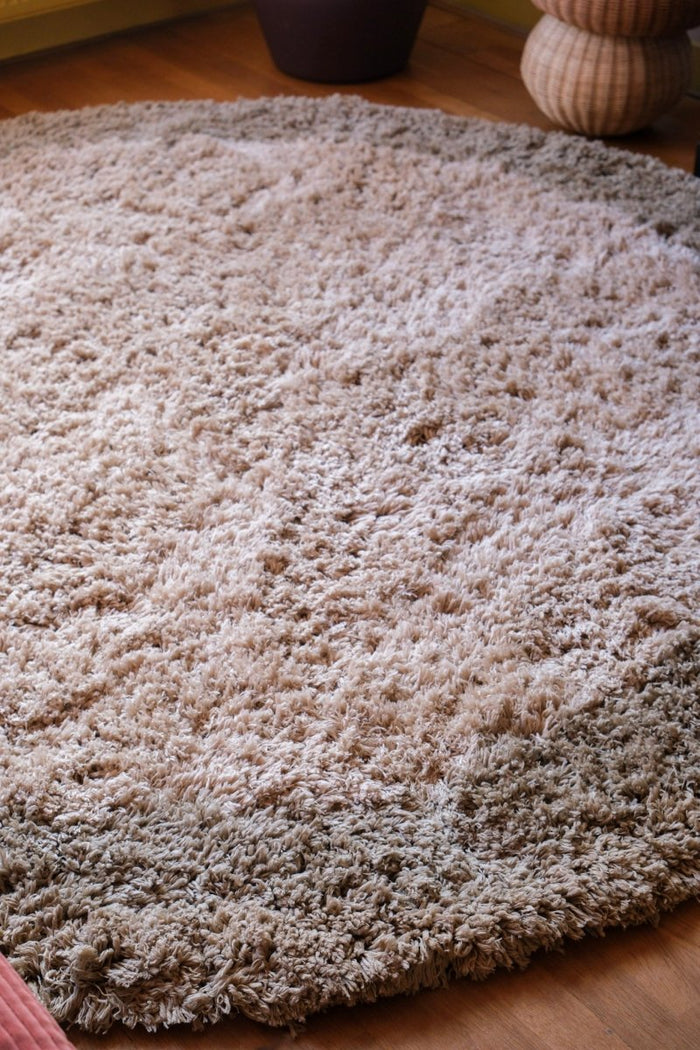 Rond hoogpolig vloerkleed Pilo groen|beige polyester Interieur05