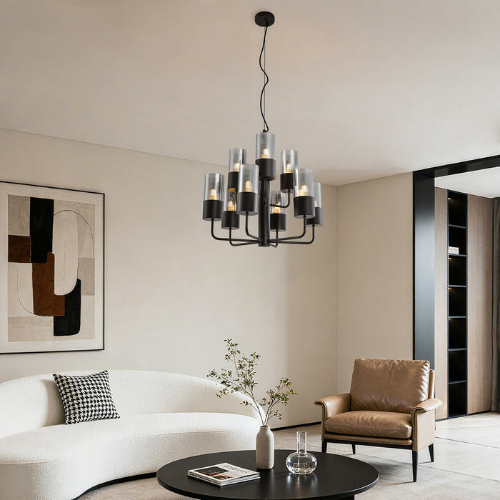 QAZQA Moderne kroonluchter zwart met smoke glas 9-lichts - Laura