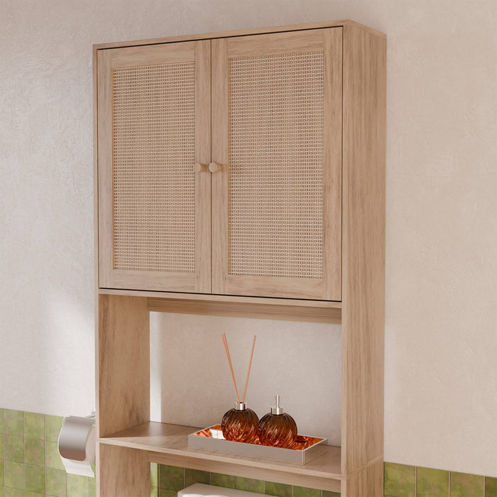 sweeek - Wc meubelrek met houten en rotan decoratie