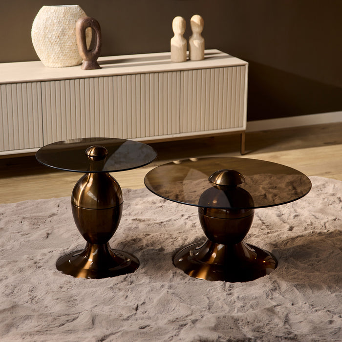 StarFurn - Salontafel Rond Bruin Glas - Set van 2 - 70x70x39cm - June