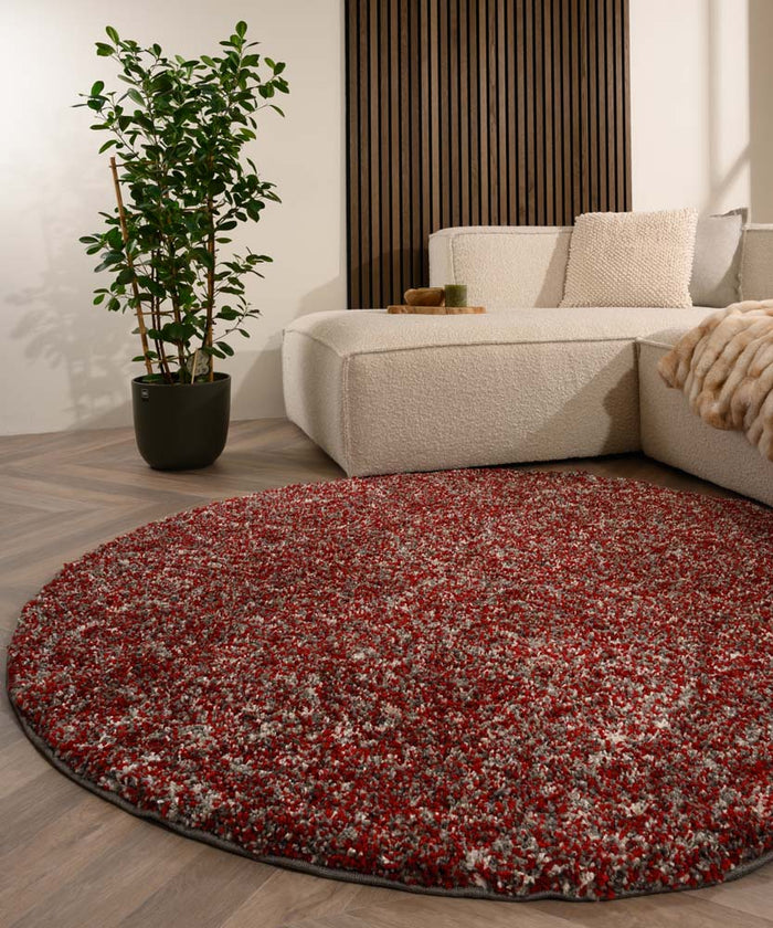 Tapeso Rond hoogpolig vloerkleed - Blend rood|grijs - 160 cm