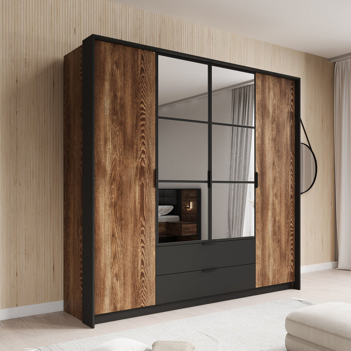 Meubella - Kledingkast Mulvey - Eiken - Antraciet - 220 cm- Spiegel