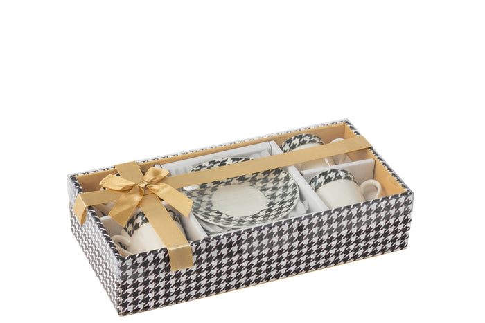 J-Line koffietas + bord Pied-Poule - porselein - wit - doos