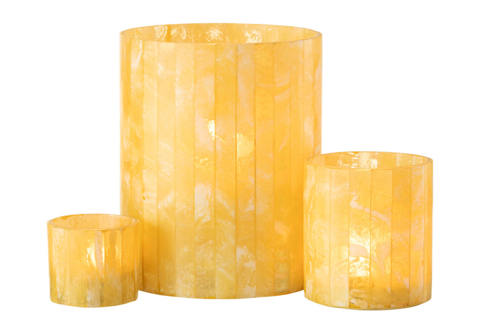 J-line - Theelichthouder Lijnen Glas|resin Geel Large - 15x15x20cm