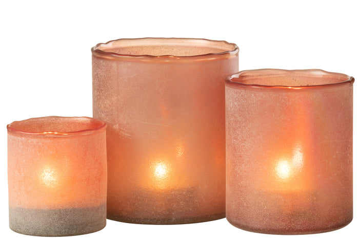 J-line - Set Van Drie Theelichthouder Ruby Glas Oranje - 13x13x15cm