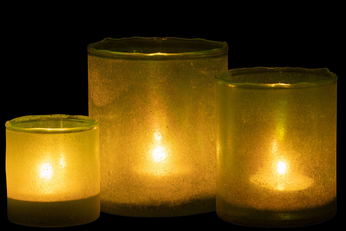 J-line - Set Van Drie Theelichthouder Ruby Glas Groen - 13x13x15cm