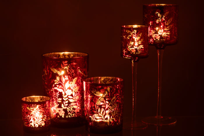 J-line - Theelichthouder Blaadjes Glas Rood| Goud Large - 9x9x30cm